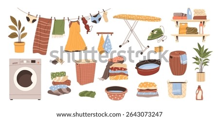 Set of laundry equipment. Washing machine, hanging clothes, ironing board, baskets, detergents, and folded towels. Isolated flat illustrations for home chores, cleaning, and domestic life concepts.