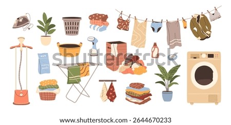 Set of laundry equipment. Washing machine, hanging clothes, baskets, iron, clothes steamer, detergents, folded towels. Isolated flat illustrations for home chores, cleaning, and domestic life concepts