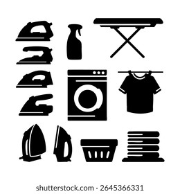Conjunto de silueta de icono de lavandería. Ilustración vectorial de arte de Clip blanco y negro