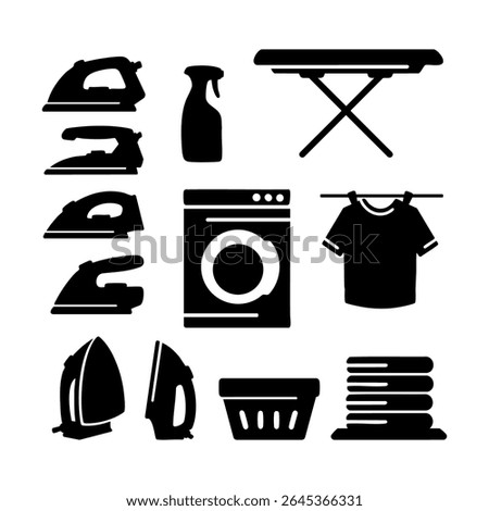 Set of laundry icon silhouette. Black and white clip art vector illustration