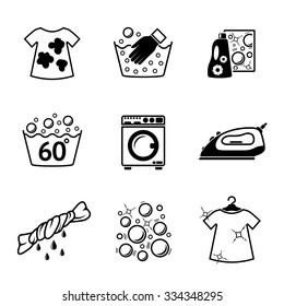 Set of Laundry icons with - clean and dirty shirts, hand washing, washing mashine, iron, bleach, bubbles. Vector