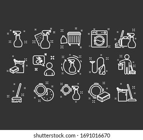 Set of laundry icons, cleaning, washer, housework, service. Napkins, sponge, broom, mop. Window, tile, floor, bathroom, kitchen cleaner. Housekeeping.