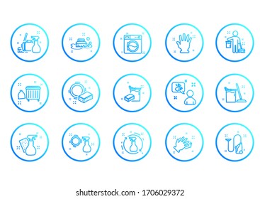 Set of laundry icons, cleaning, washer, housework, service. Napkins, sponge, broom, mop. Housekeeping.