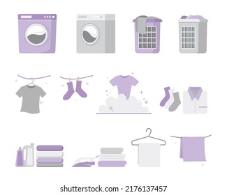 Set of laundry icons, clothes, washing machine, dryer, iron, clothes hanger and laundry basket vector illustration.