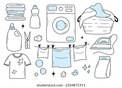 Set of laundry items in doodle style. Linear collection of laundry items. Vector illustration. Isolated elements on a white background.