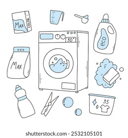 Set of laundry items in doodle style. Linear collection of laundry items. Vector illustration. Isolated elements on a white background.
