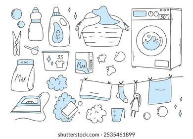 Set of laundry items in doodle style. Linear collection of laundry items. Vector illustration. Isolated elements on a white background.