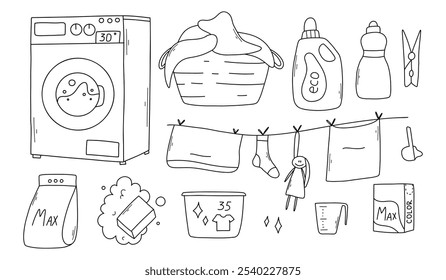 Conjunto de artículos de lavandería en estilo doodle. Colección lineal de artículos de lavandería. Ilustración vectorial.