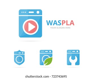 Set of laundry logo combination. Washing machine and record symbol or icon. Unique washer and audio, video logotype design template.