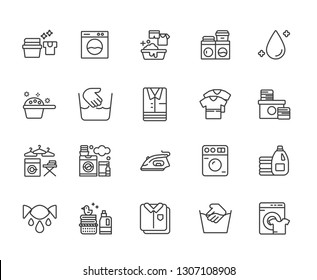 Set of laundry Related Vector Line Icons. Includes such Icons as Washing machine, clean, bleaching, dry cleaning, clothes, shirt, pants, detergents, washing powder and more. - vecto