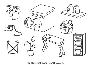 set of laundry room equipment icons hand drawn, doodle elements, vector illustrations. washing machine, detergent, laundry basket, folded clothes, dirty clothes on buckets, clothes hanging on hanger