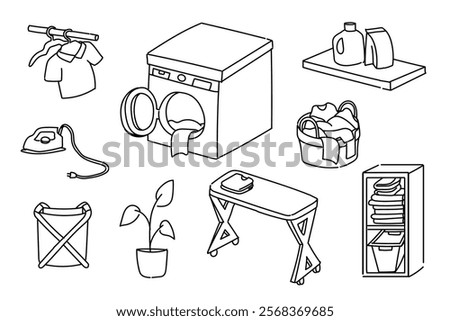 set of laundry room equipment icons hand drawn, doodle elements, vector illustrations. washing machine, detergent, laundry basket, folded clothes, dirty clothes on buckets, clothes hanging on hanger