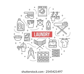 Conjunto de ícones do serviço de lavandaria em uma composição circular. Máquina de lavar, pó, prendedores de roupa, gel de lavagem, roupas, ferro e outros. Ilustração vetorial