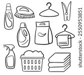 Set of Laundry Service Icons. Laundry service hand drawn doodle icons set, vector illustration. A laundry vector depicting various components of cloth washing supplies.