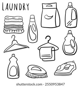 Set of Laundry Service Icons. Laundry service hand drawn doodle icons set, vector illustration. A laundry vector depicting various components of cloth washing supplies.