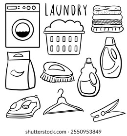 Set of Laundry Service Icons. Laundry service hand drawn doodle icons set, vector illustration. A laundry vector depicting various components of cloth washing supplies.