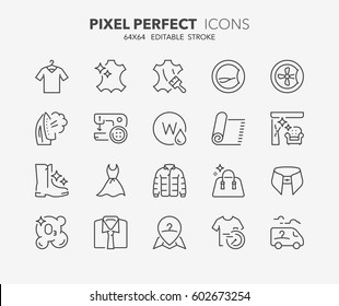 Set of laundry services, thin line icons. Contains icons as dry cleaning, clothing repairs, furniture and curtains cleaning, ozonation and more. Editable vector stroke. 64x64 Pixel Perfect.