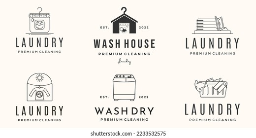set of laundry wash logo line art vintage vector illustration concept template icon design, collection of washdry clothes with washmachine and modern concept vector illustration logo design