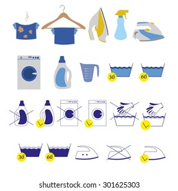 Set Laundry and Washing  colorful icons. Elements are isolated on a white background. Laundry symbol vector set.Instruction color icons. Set of Detergent vector.