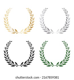 Set of laurel black, gold, silver and green wreaths. Branches in the form of a semicircular. Vector illustration for design.