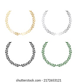 Juego de coronas de laurel negras, doradas, plateadas y verdes. Hojas y ramas en forma de semicircular. Ilustración vectorial para el diseño.