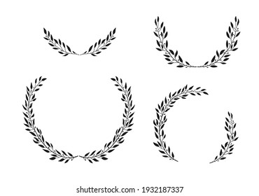 Set of laurel black wreaths. Leaves and branches in the semicircular form. Hand drawn vector illustration for design.