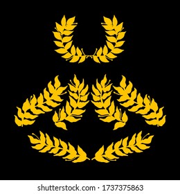 conjunto de ramas de laurel y corona un símbolo de gloria, victoria, para patrón o adorno, siluetas de oro, ilustración de vector de color en estilo dibujado a mano aislado en fondo negro