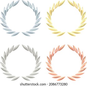 Set laurel leaves in shape round silver wreath. gold and platinum vector illustration in flat style isolated on white background. Prize winners, colorful set awards precious metal leaves