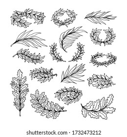 set of laurel, oak, willow branches tied in a wreath as a symbol of glory and victory, for ornaments, vector illustration with black ink contour lines in hand drawn style isolated on white background