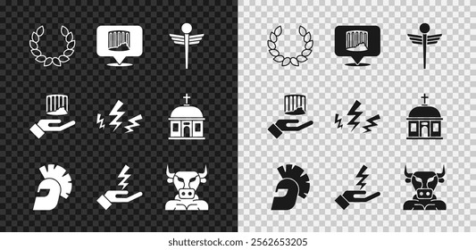 Set Laurel wreath, Ancient column, Caduceus snake medical, Greek helmet, Zeus, Minotaur,  and  icon. Vector