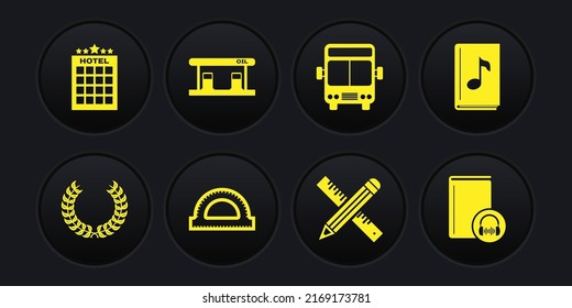 Set Laurel wreath, Audio book, Protractor grid, Crossed ruler and pencil, Bus, Gas filling station,  and Hotel building icon. Vector