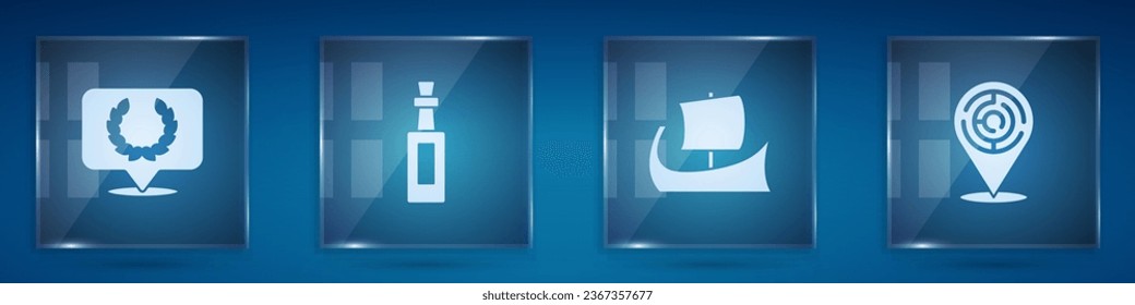 Set Laurel wreath, Bottle of olive oil, Greek trireme and Minotaur labyrinth. Square glass panels. Vector