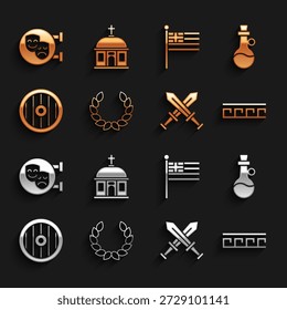Coloque a coroa de Laurel, Garrafa de azeite, padrão grego antigo, espada medieval cruzada, escudo, bandeira nacional da Grécia, Comédia e máscaras de tragédia e ícone do edifício Santorini. Vetor