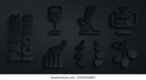 Set Laurel wreath, Broken amphorae, ancient column, Olives branch, Hermes sandal and Wine glass icon. Vector