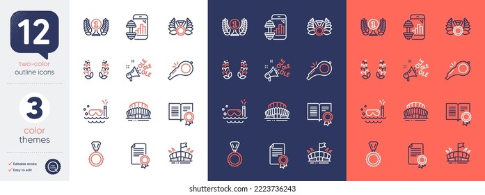 Set of Laurel wreath, Certificate and Fitness app line icons. Include Sports stadium, Scuba diving, Laureate medal icons. Arena, Laureate award, Diploma web elements. Ole chant, Medal, Whistle. Vector