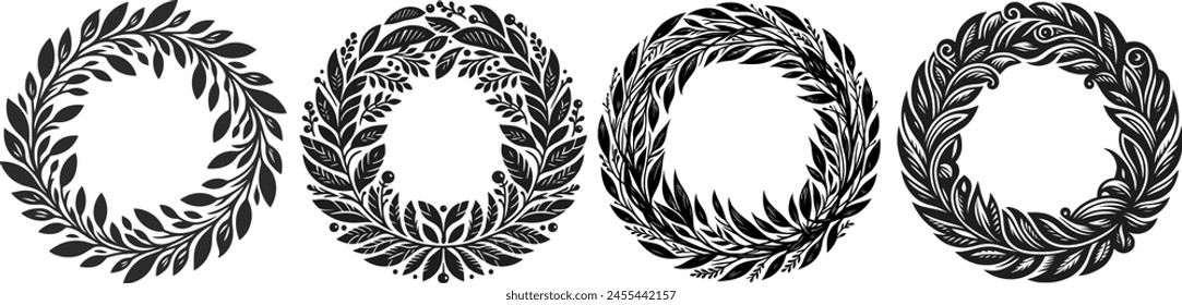 Set of laurel wreath circle frame isolated on white background. Vector illustration.