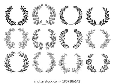 Set of laurel wreath. Collection of floral frame with leaves. Design for wedding invitation. Decorative natural elements. Vector illustration of laurel branches on white background.