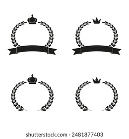 Set of laurel Wreath with crown and ribbon isolated transparent background. Simple black Award Ranking Frame design pack. Elegance vector illustration can used book, music, science badge. EPS 10