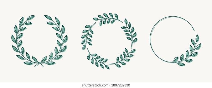 Set of laurel wreath design elements. Green circle border vector ornaments.