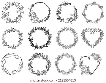 Set of laurel wreath with heart. Collection of floral frame with leaves.