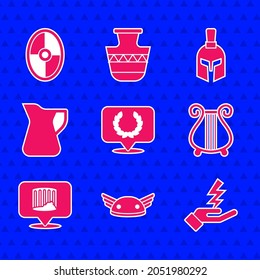 Set Laurel wreath, Helmet with wings, Zeus, Ancient lyre, column, Bottle of olive oil, Greek helmet and shield icon. Vector