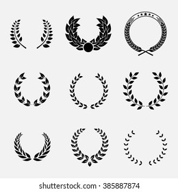 Set of laurel wreath, heraldic design, black icon