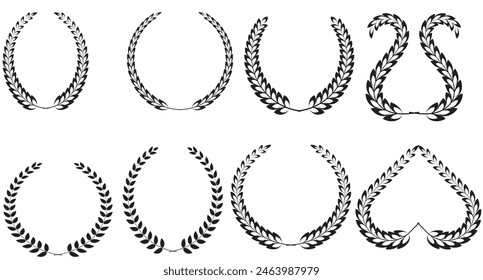 Set of Laurel wreath icon design isolated on white background. Leaf border, laurel wreath design. Laurel wreath award. Round border with wreath symbols, silhouette vector. Vector pattern with elements