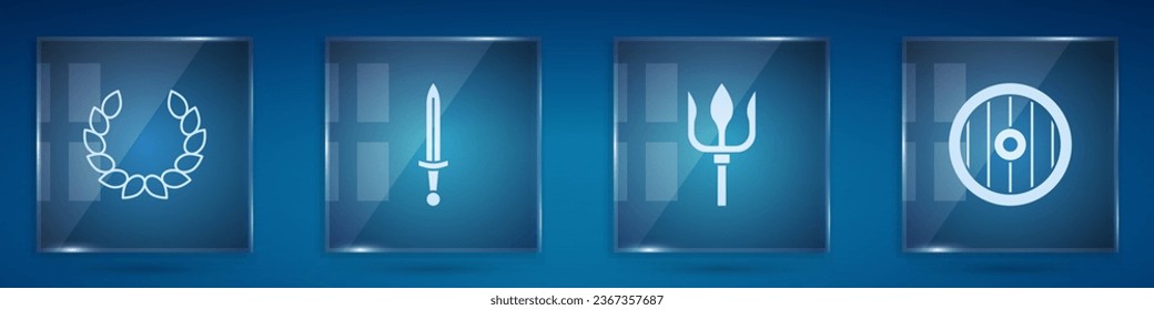 Set Laurel wreath, Medieval sword, Neptune Trident and Greek shield. Square glass panels. Vector