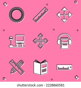 Set Laurel wreath, Ruler, Pixel arrows in four directions, Bus stop, Audio book, Crossed ruler and pencil and Open icon. Vector