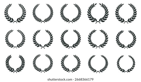 Conjunto de ilustrações de vetor de coroa de louros. Coleção de molduras de ramo de oliveira oval em estilo silhueta, perfeito para prêmios e realizações. silhueta