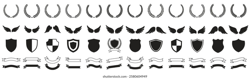 set of Laurel wreath, wing, shield, ribbon, banners, Containing laurel wreath, wing, shield, ribbon, banners for awards, heraldry, logos, badges, and branding designs vector illustration