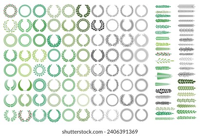 Set of laurel wreaths and branches with colorful leaves. Hand drawing laurel wreaths and branches collection. Vector illustration.