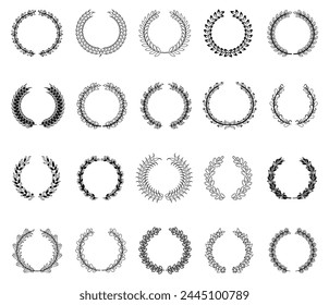 Set of laurel wreaths. Laurel branches frames collection. Floral round frames of leaves. Vintage decorative elements for awards, medals, achievement, emblem, premium quality.
