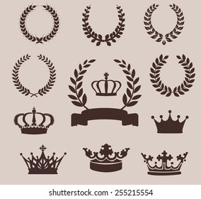 Set of laurel wreaths and crowns. Vintage emblem.